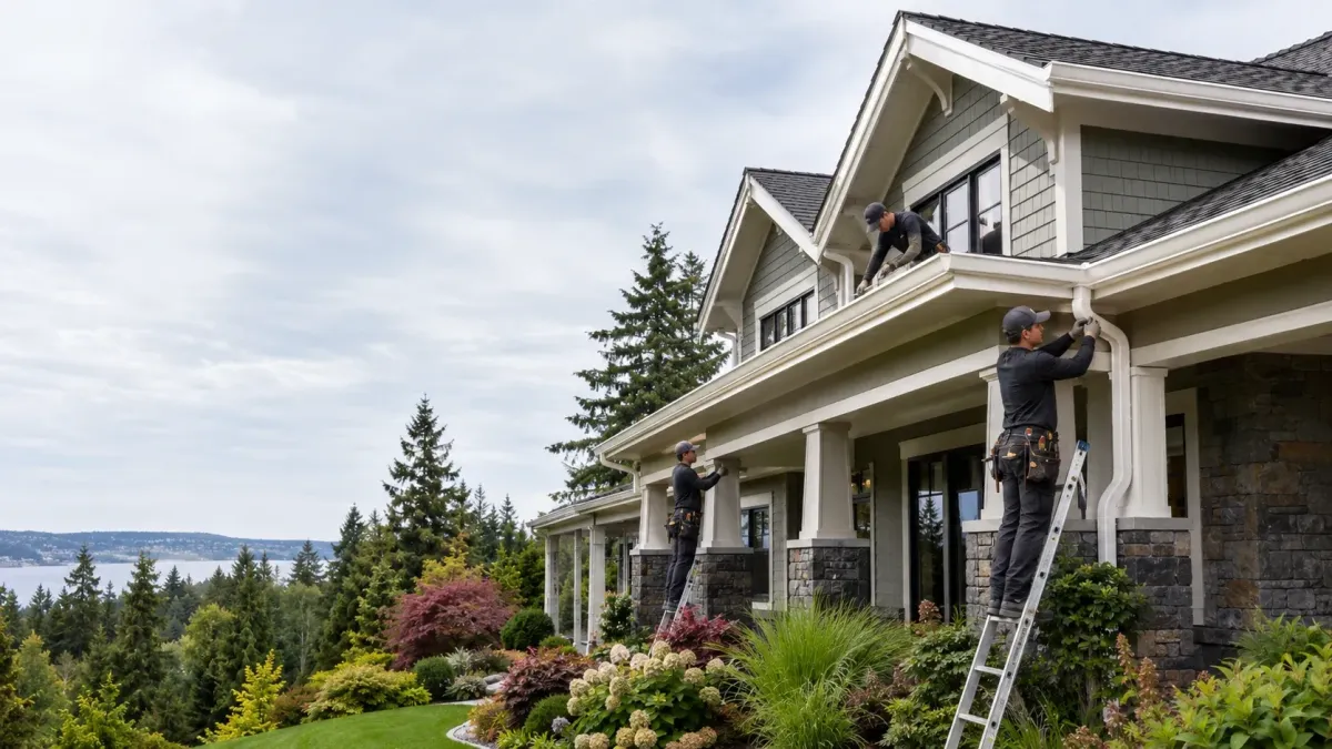 Pacific Northwest Craftsman home in Renton with a professional crew replacing old gutters with new seamless aluminum gutters and downspouts.
