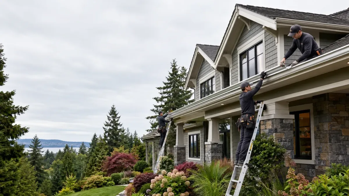Luxury Renton home with professional installers adding seamless aluminum gutters and oversized downspouts in a landscaped Pacific Northwest setting.