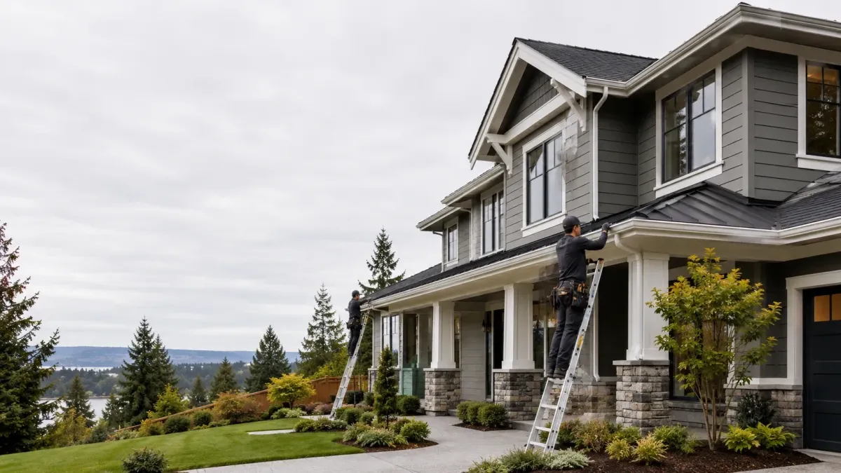 New luxury custom home in Renton with installers completing seamless gutter installation during the final stage of construction.