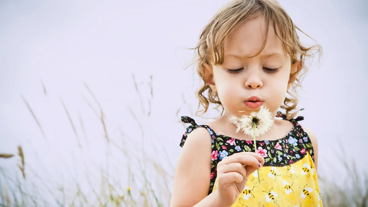 petite fille qui souffle un pissenlit