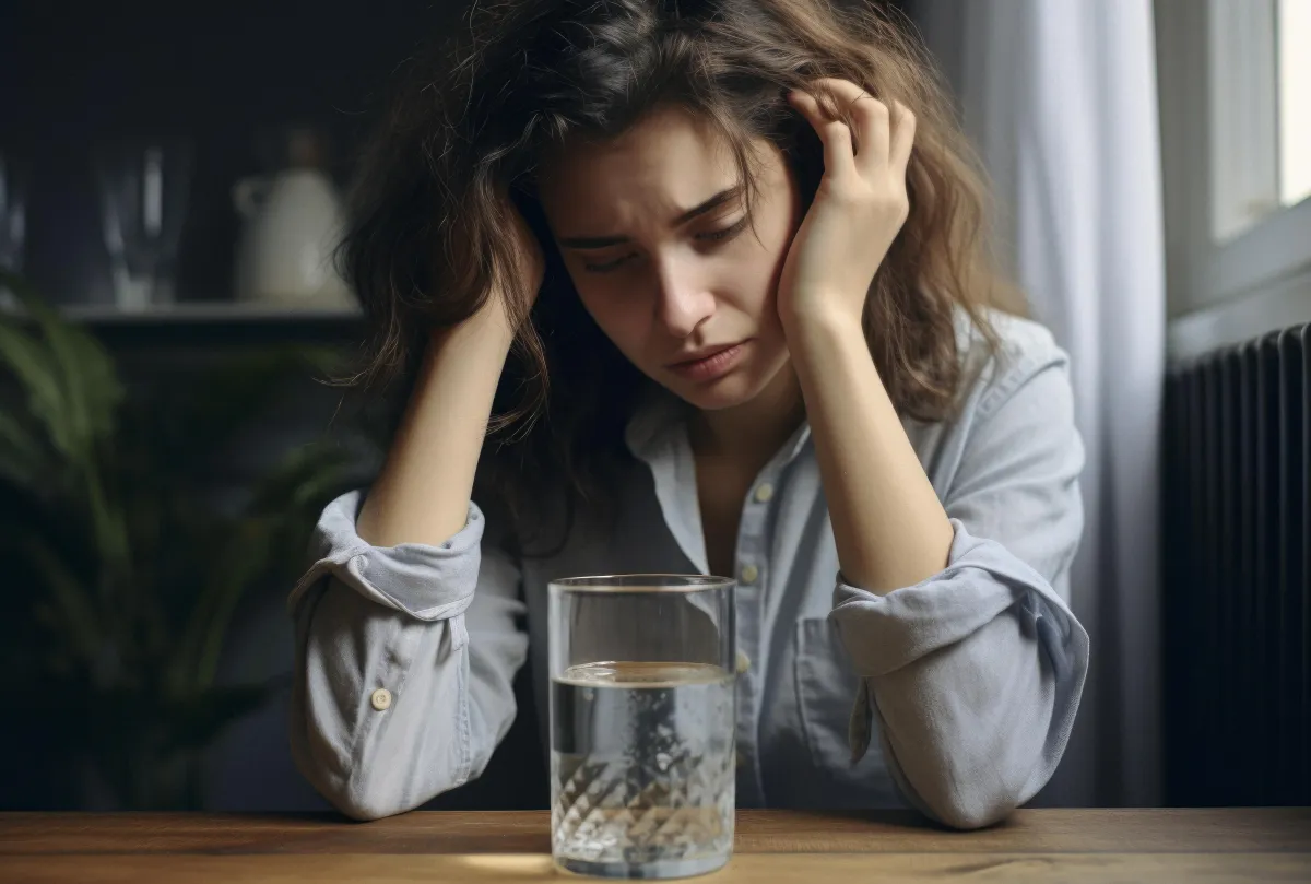 Young woman with messy hair sitting at table feeling stressed and fatigued, resting head in hands beside a glass of water