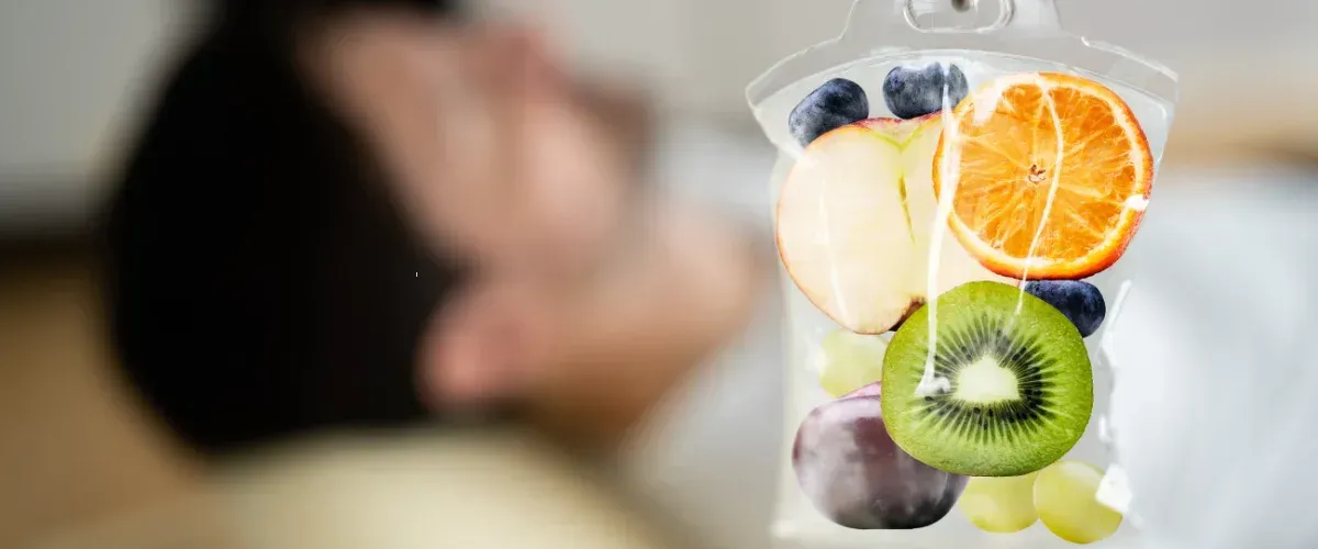IV therapy bag filled with fresh fruits representing vitamin infusion treatment