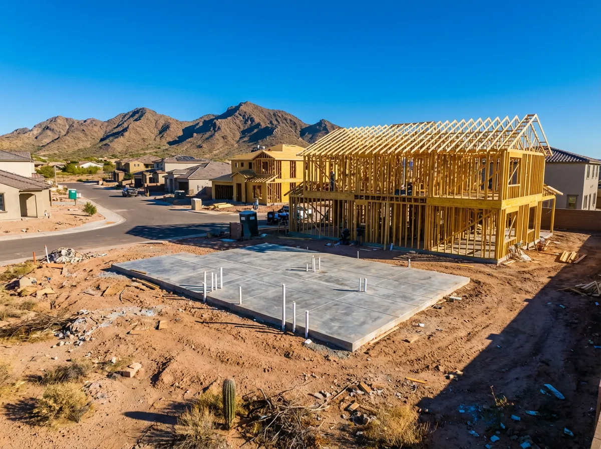New construction phase inspection in Queen Creek Arizona showing framed home and foundation slab during build process
