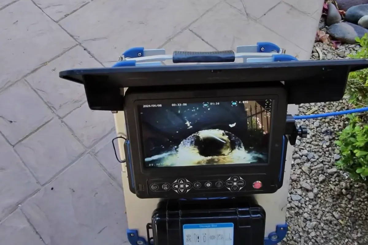 Sewer scope inspection in Queen Creek Arizona showing live camera view inside underground sewer lateral line during real estate home inspection
