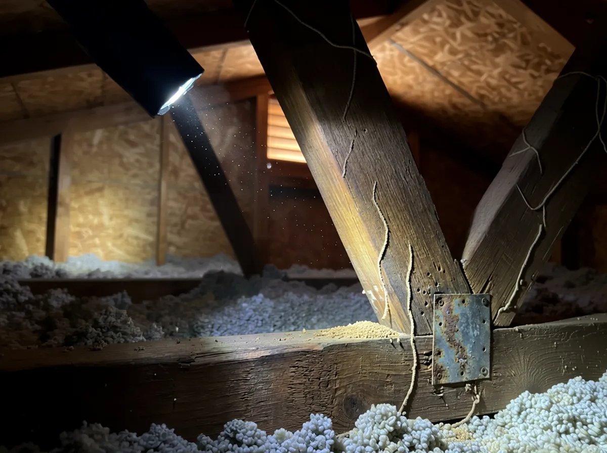 Termite inspection in Queen Creek Arizona showing visible wood damage and suspected termite activity in attic framing during home inspection