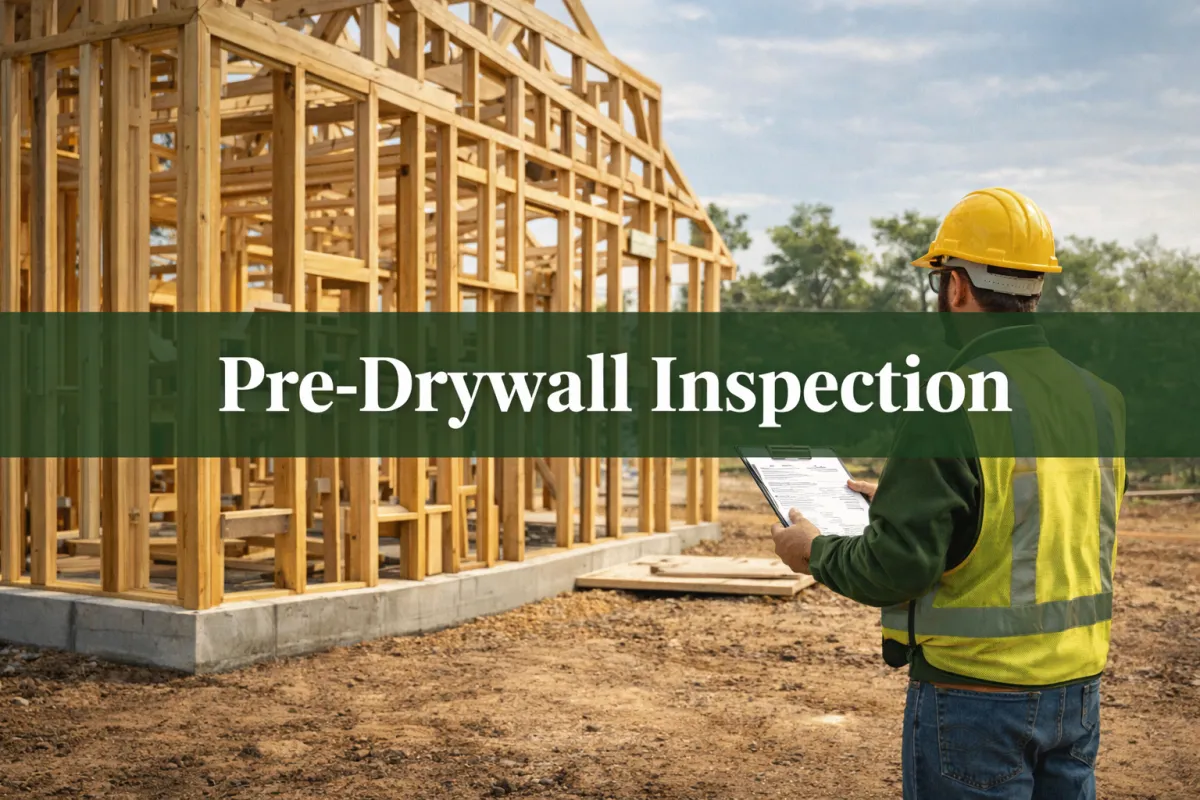 Pre-drywall inspection graphic showing a new construction home before drywall installation with framing, plumbing, electrical, and HVAC systems exposed for inspection.