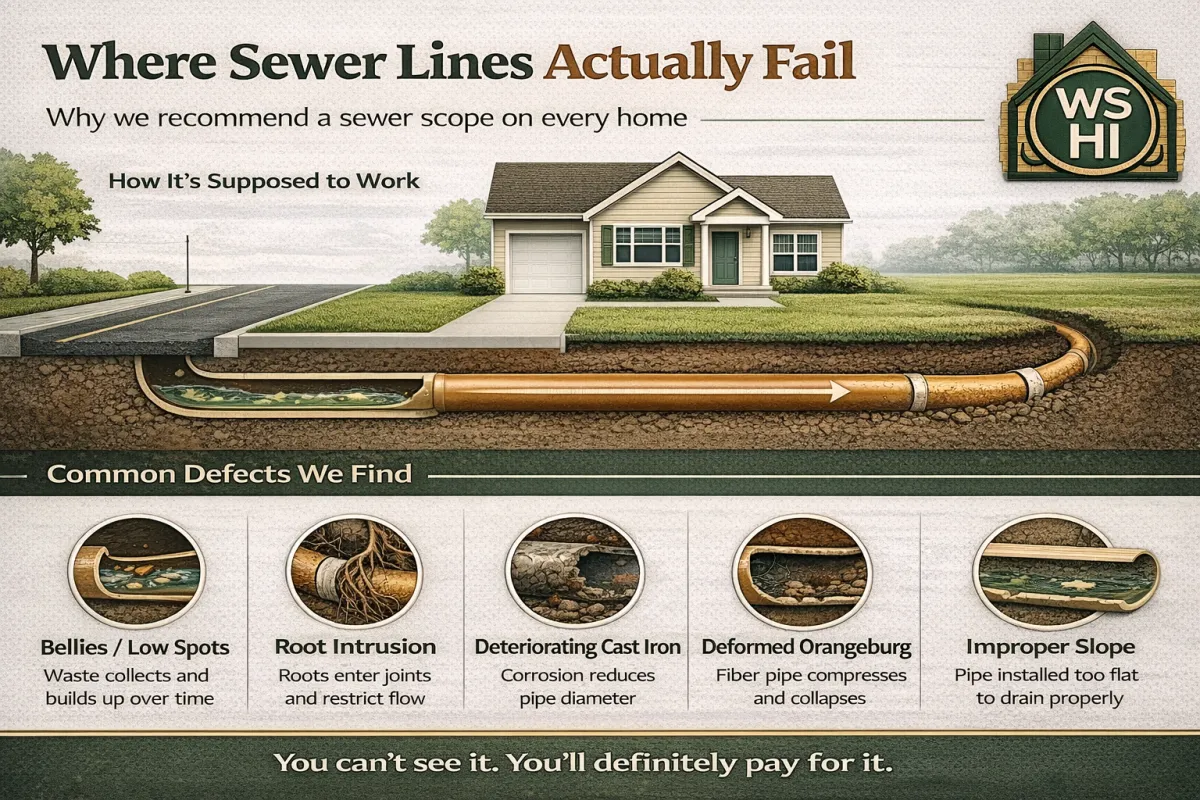 Infographic by Western States Home Inspections explaining common sewer line defects including bellies, root intrusion, deteriorating cast iron, Orangeburg pipe failure, and improper slope in Arizona homes.