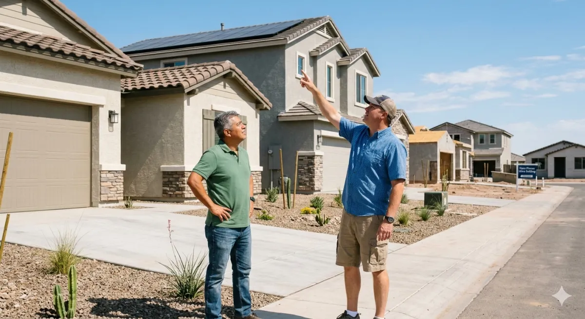 Neighbor recommending Western States Home Inspections to another homeowner for an 11th Month Warranty Inspection in a new construction neighborhood in Arizona.