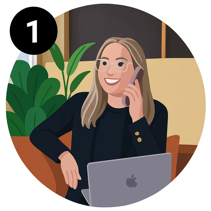 An illustration of a smiling woman with glasses talking on the phone while sitting at a desk with an open laptop, with a large number "1" in the top left corner.