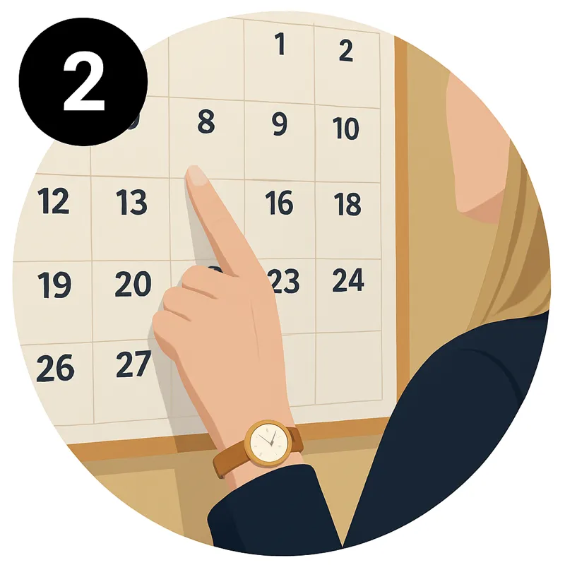 An illustration of a person wearing a watch pointing to a date on a wall calendar, with a large number "2" in the top left corner.