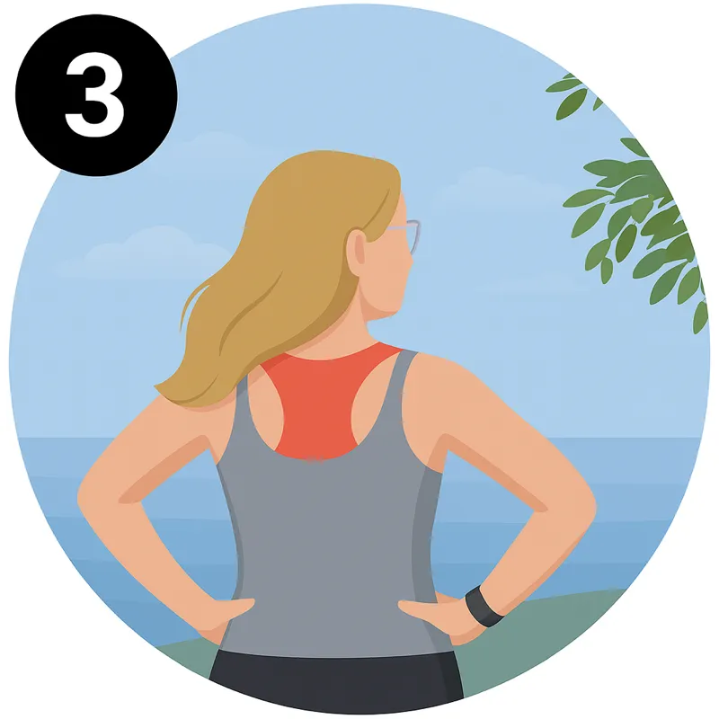 An illustration of a woman in athletic wear standing with hands on hips, looking out at the ocean under a blue sky, with a large number "3" in the top left corner.