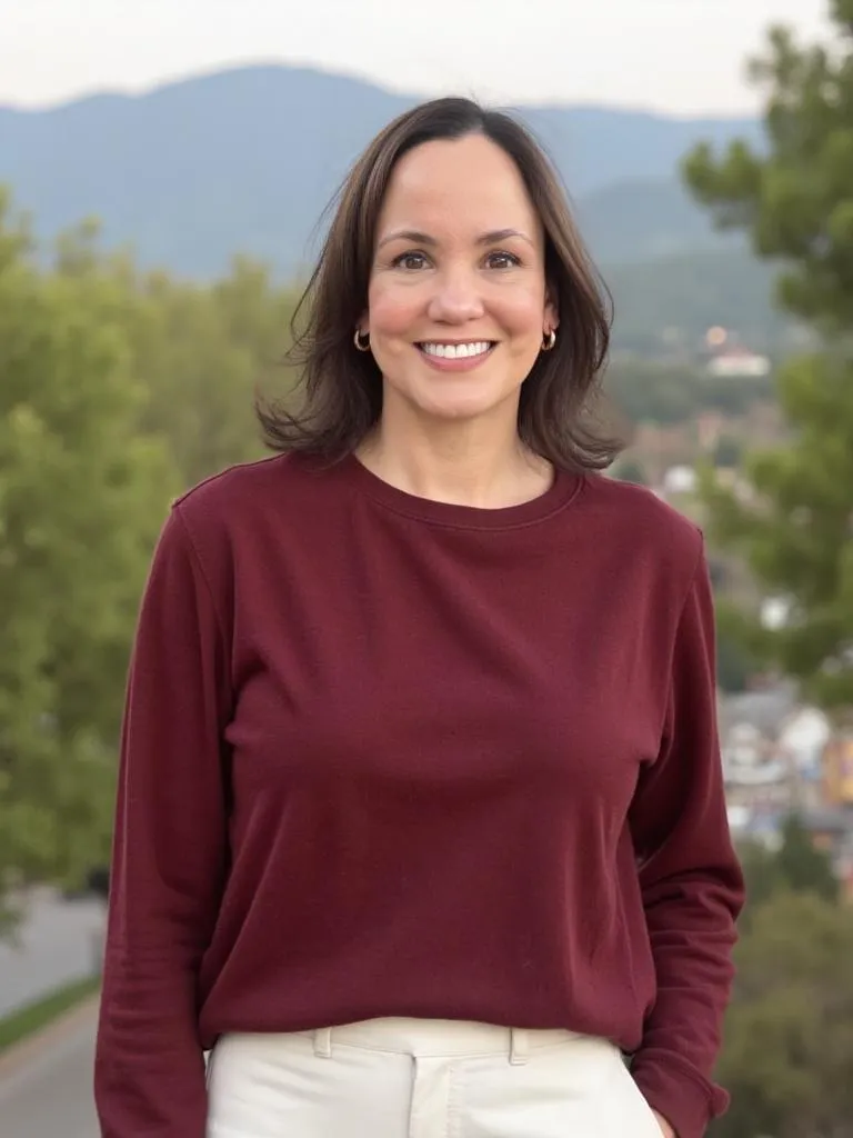 Jeannette, founder of The Mastery of Vibration, smiling in a burgundy top against a natural backdrop, embodying the warmth and authenticity of a spiritual business mentor and soul-led entrepreneur guide.