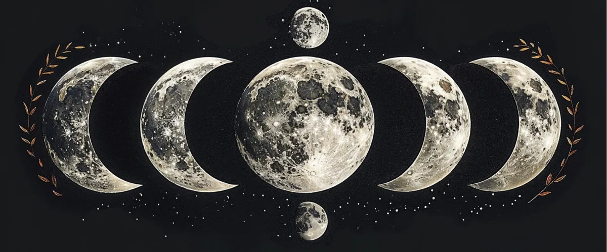 Moon phases cycle illustration with golden laurel accents on black background, symbolizing spiritual transformation cycles and energy alignment in soul-led business journeys