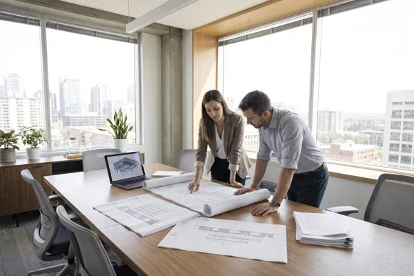 Two engineers reviewing structural calculations for a threshold building