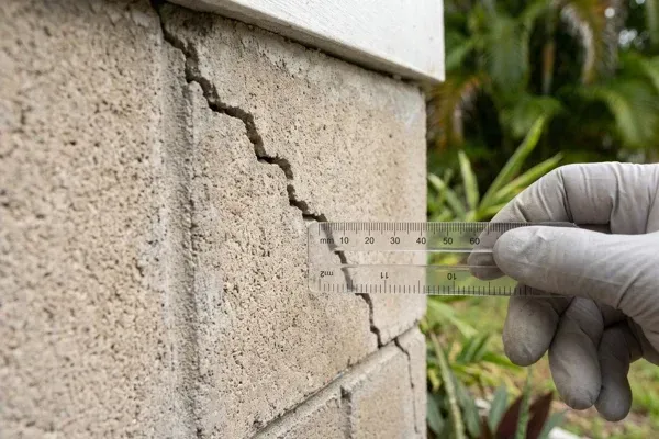 Close-up of a stair-step crack in a concrete block foundation wall