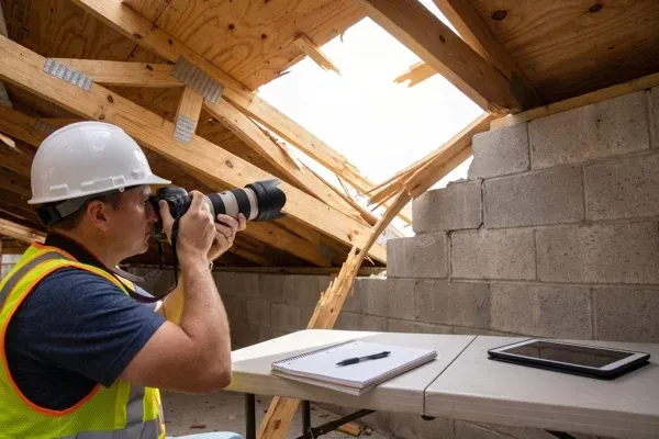 Engineer documenting hurricane structural damage for an insurance claim file