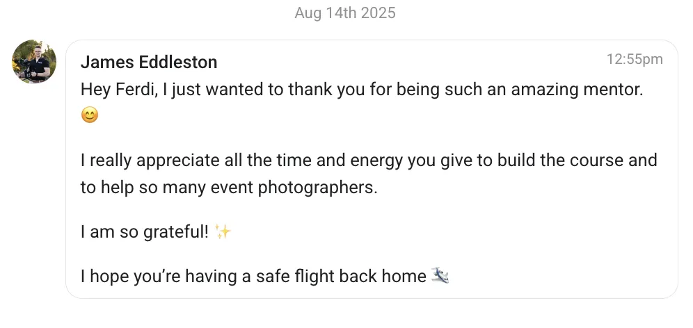 event photography course testimonial, mentorship program, andrew ferdinands, ferdi photography, event photography 101