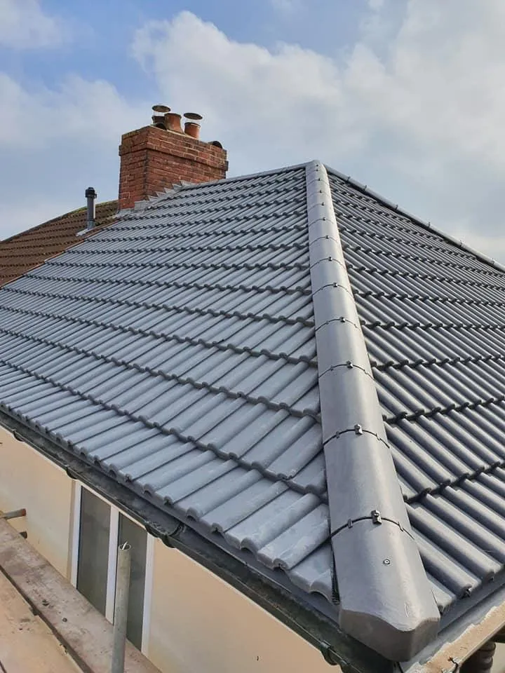 a red tiled roof with ivy growing on it