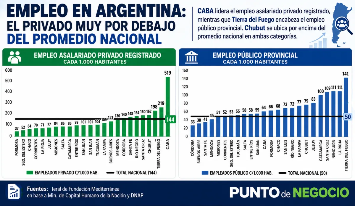 Chubut en el ranking de empleados públicos y del sector privado