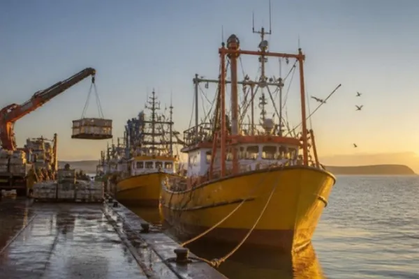 Barcos pesqueros descargando en un muelle patagónico
