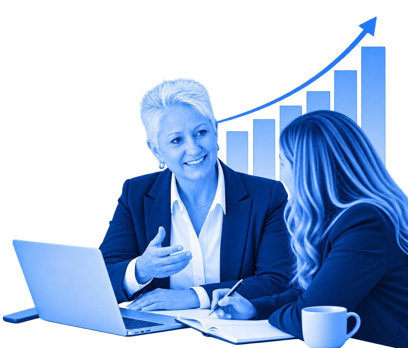 A professional business coach meets with a client to discuss strategy, goals, and opportunities for growth, represented by an upward-trending graph in the background.