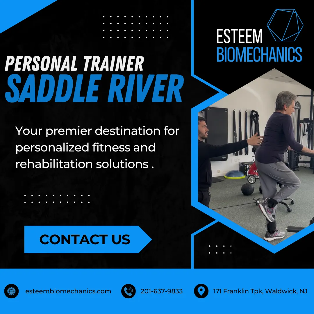 Personal trainer assisting client with balance and movement exercise at Esteem Biomechanics studio near Saddle River NJ, promoting personalized fitness and rehabilitation training.