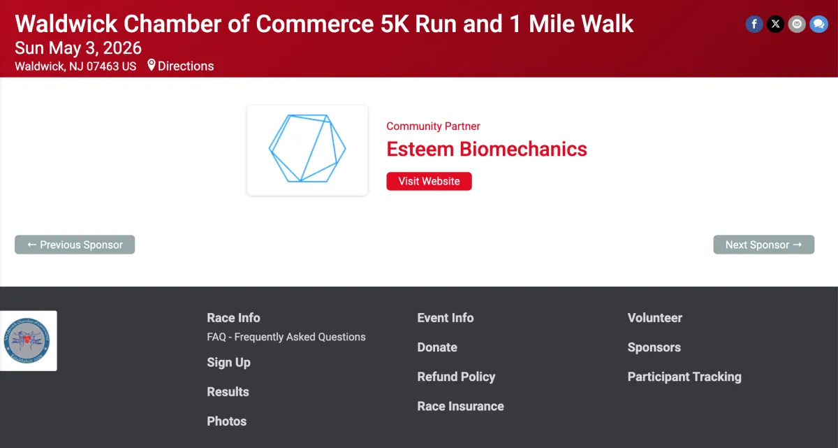 Esteem Biomechanics sponsor banner for 2026 Waldwick Chamber of Commerce 5K Run and 1 Mile Walk