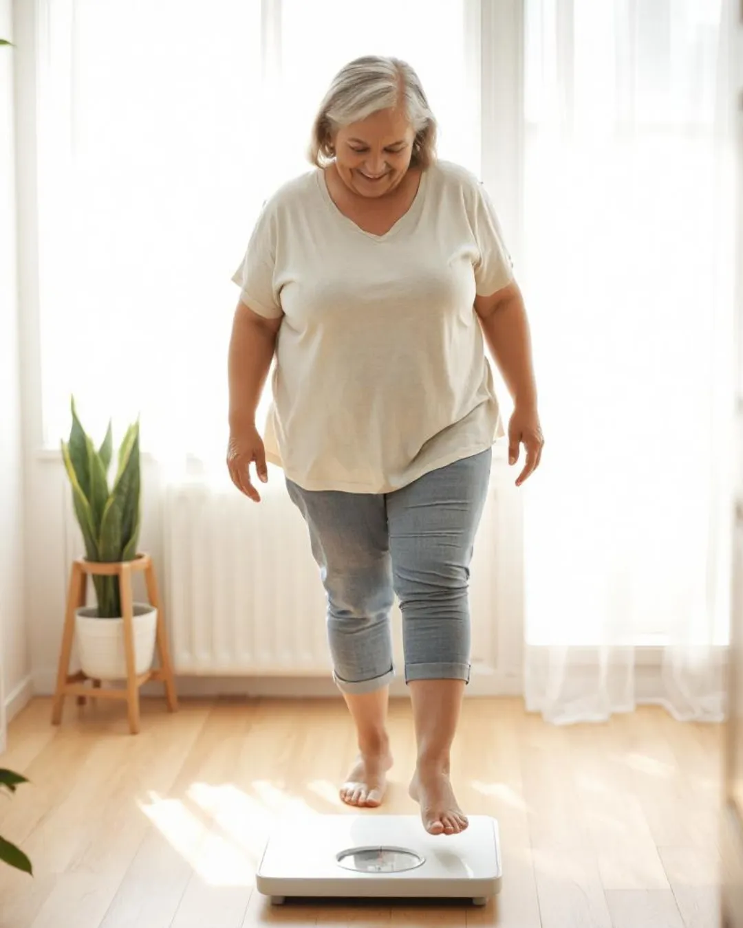 A woman smiling as she steps on a scale at home, reflecting progress on her Ideal Protein weight loss journey