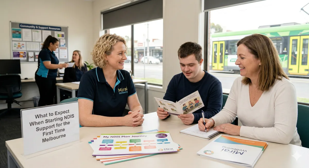 mum and son sitting with an NDIS supporter to discuss support