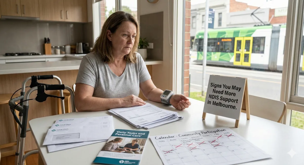 An inside view of a Melbourne home where a woman with a walker sits at a kitchen table looking overwhelmed. She is surrounded by a calendar of missed appointments, a pile of unpaid bills, and informational pamphlets. A green and yellow W-class tram is visible outside the window, symbolizing the local context for recognizing signs of needing increased NDIS support.