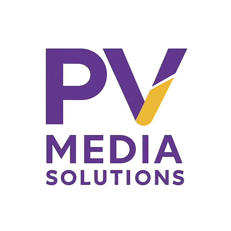 PV Media Solutions logo featuring bold purple and yellow colors, representing digital marketing and web design services.