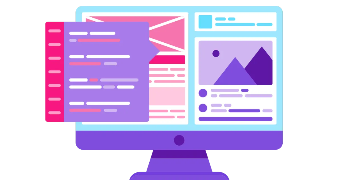 Computer monitor displaying a colorful web design layout with coding snippets, showcasing digital marketing and web design services relevant to PV Media Solutions.