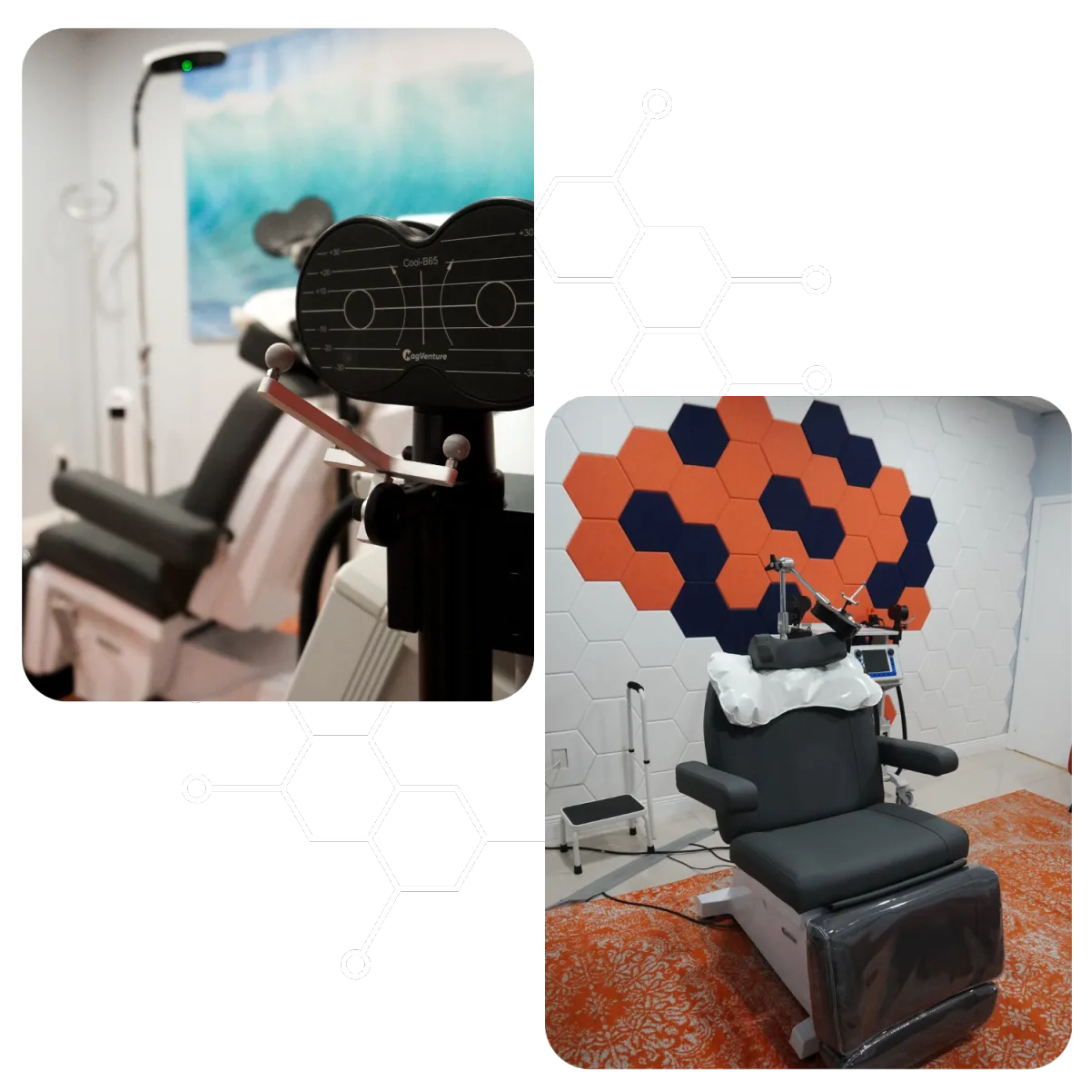A collage with two images. the right one has a woman sitting on a bed consulting with a male therapist. the image on the right has a male therapist giving a woman a high five