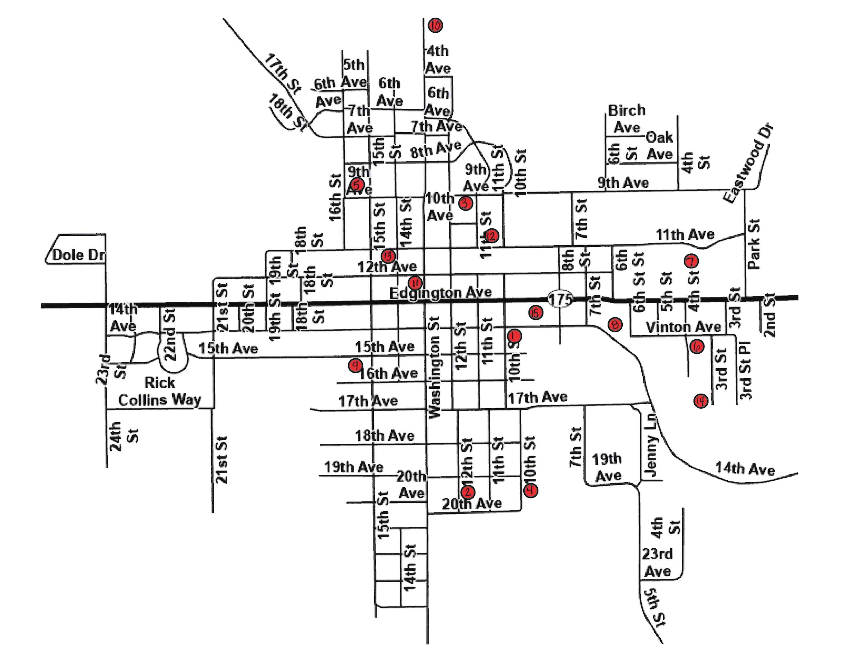 numbered map of garage sale locations in May 8-9 in Eldora, IA