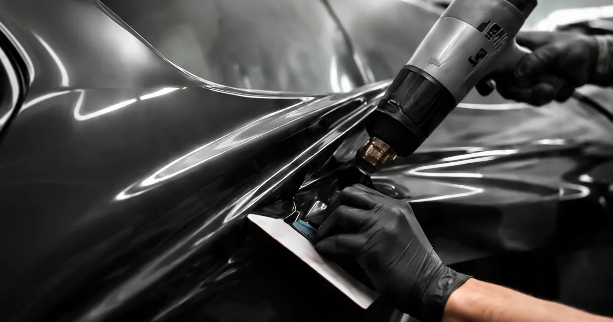 Technician applying vinyl wrap to a vehicle using a heat gun