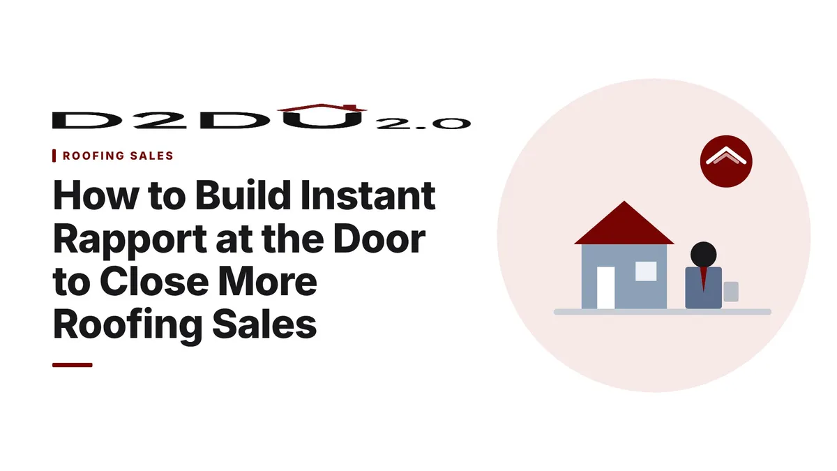 Young roofing sales professional building rapport with a homeowner at the front door, smiling and holding a tablet in a suburban neighborhood