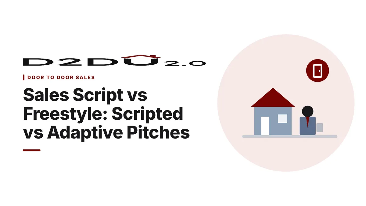 Sales rep comparing a scripted pitch to an adaptive pitch at a front door