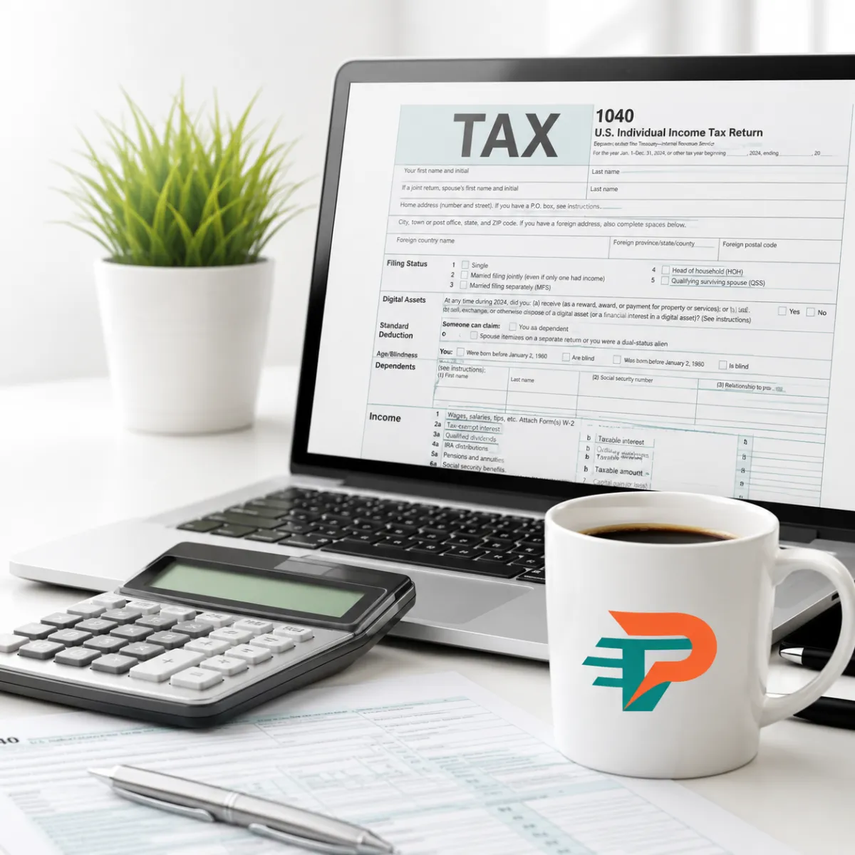 Workspace scene with a laptop showing tax software, a small potted plant, a calculator, and a white coffee mug with the TaxPro Express logo