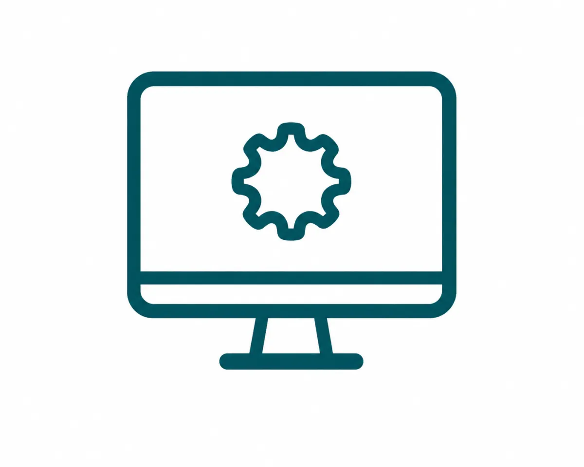Teal icon of a computer monitor with a gear symbol inside.