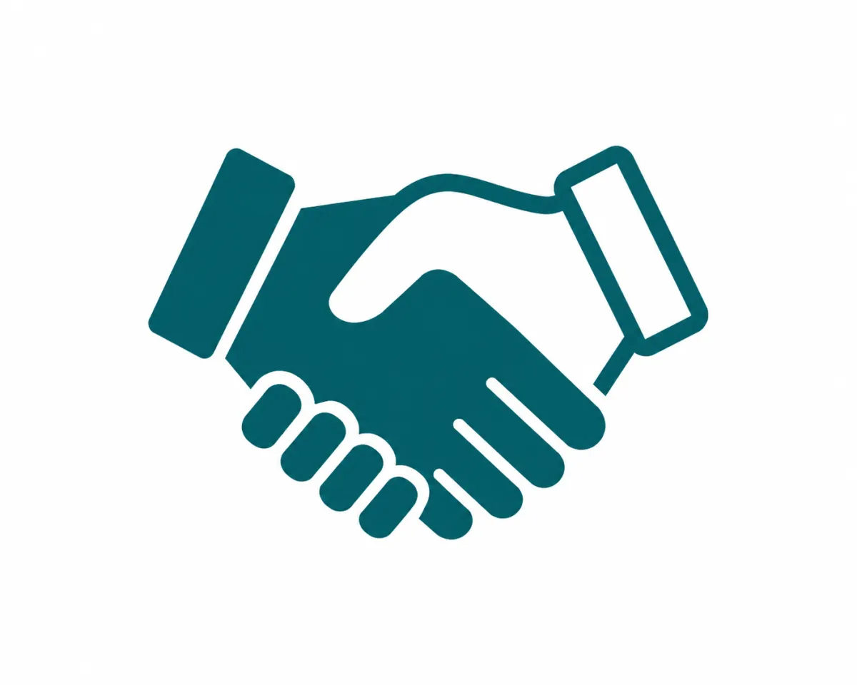 Teal icon of two hands shaking.