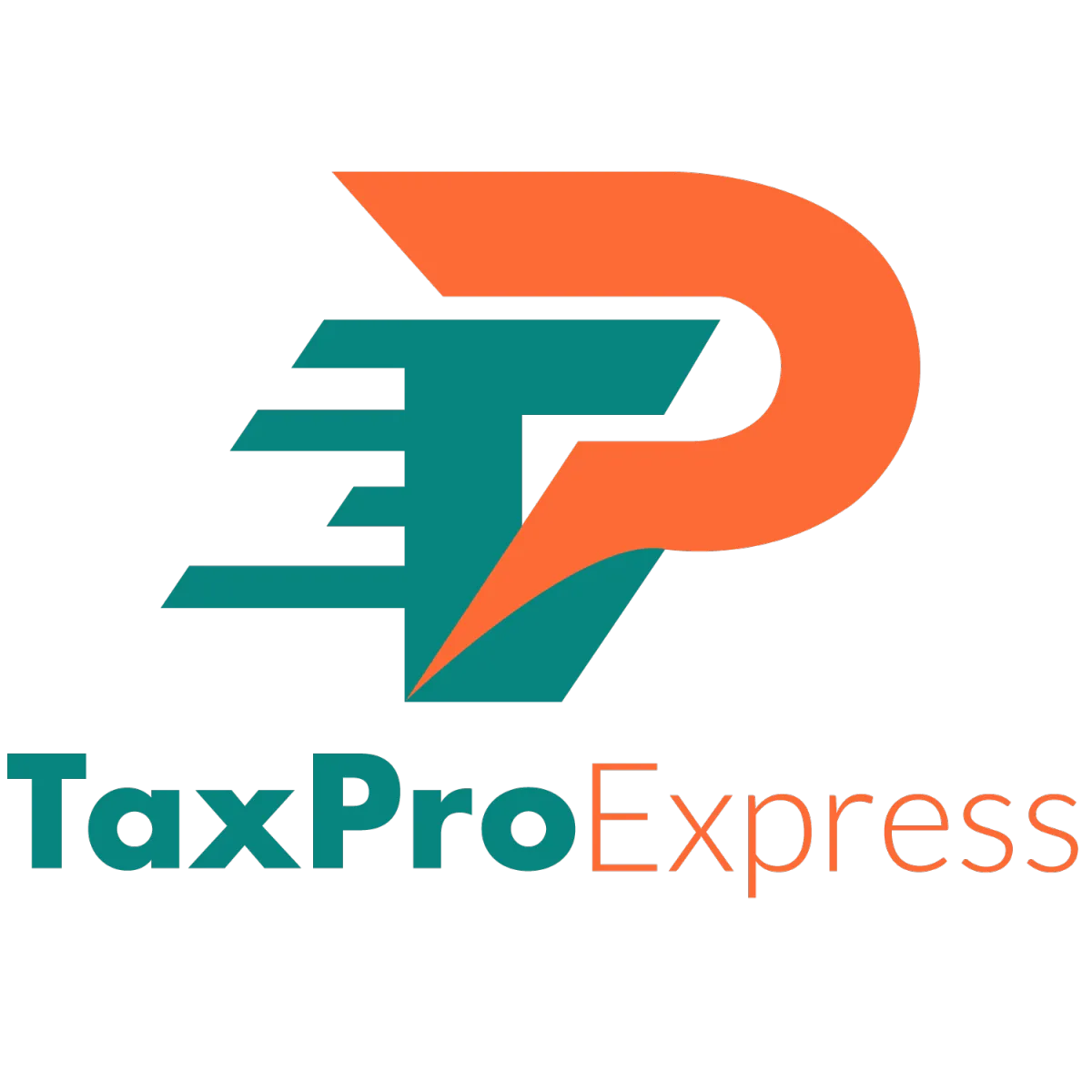 TaxPro Express logo featuring an orange 'T' inside a teal arrow shape, followed by the brand name in teal and orange text on a dark background.
