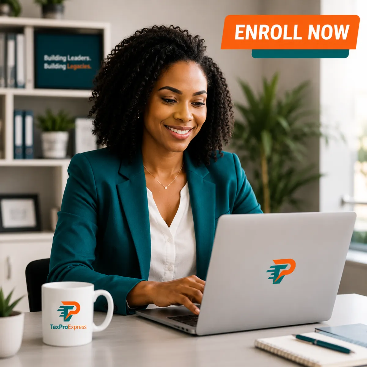 A smiling African American woman in a teal blazer sitting at a white desk, typing on a silver laptop. A white coffee mug bearing the brand's logo is visible on the desk. The image is set within a large teal curved graphic frame.