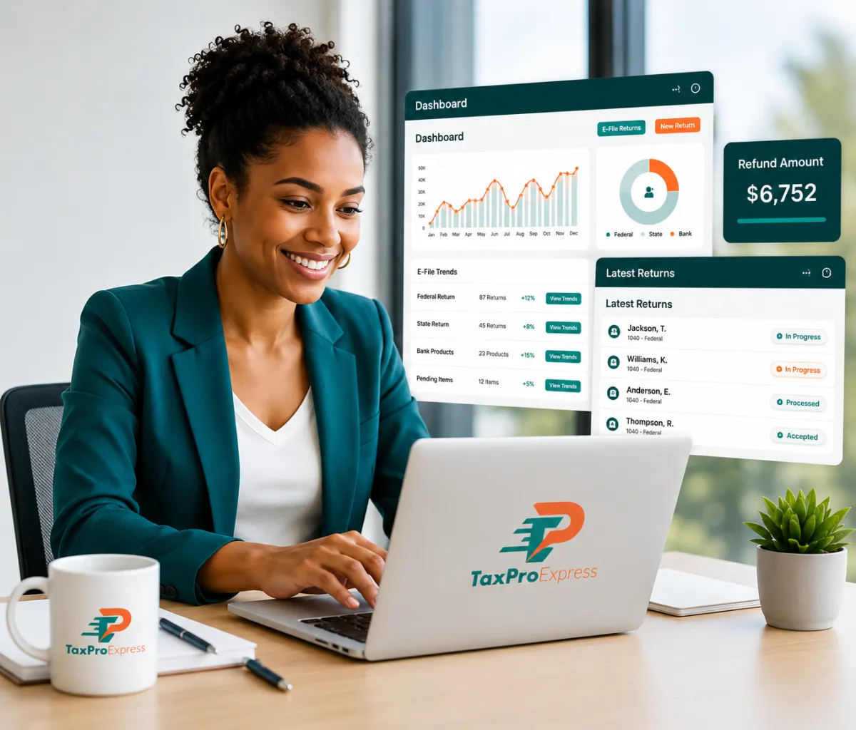 A smiling professional woman at a bright desk working on a silver laptop. Stylized software dashboard screens and a 'Refund Amount $6,752' widget float in the air to her right. A white mug with the TaxPro logo is on the desk.