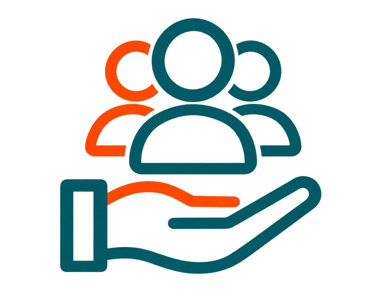 Line-art icon of hands supporting a group of people