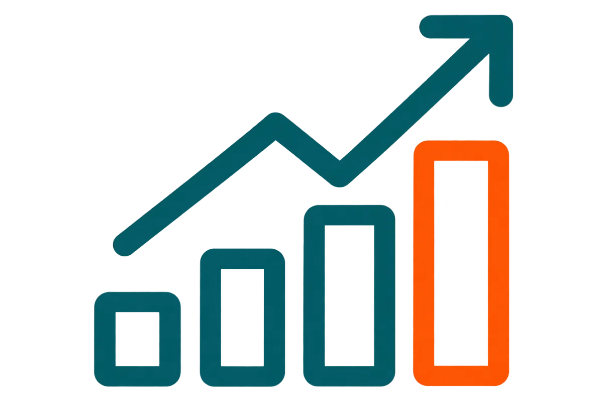 Line-art icon of a rising bar chart with an arrow