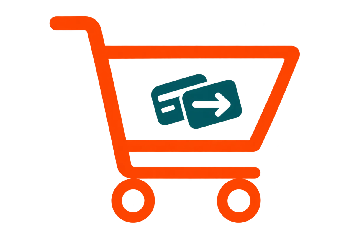 Line-art icon of a shopping cart with the TaxPro logo