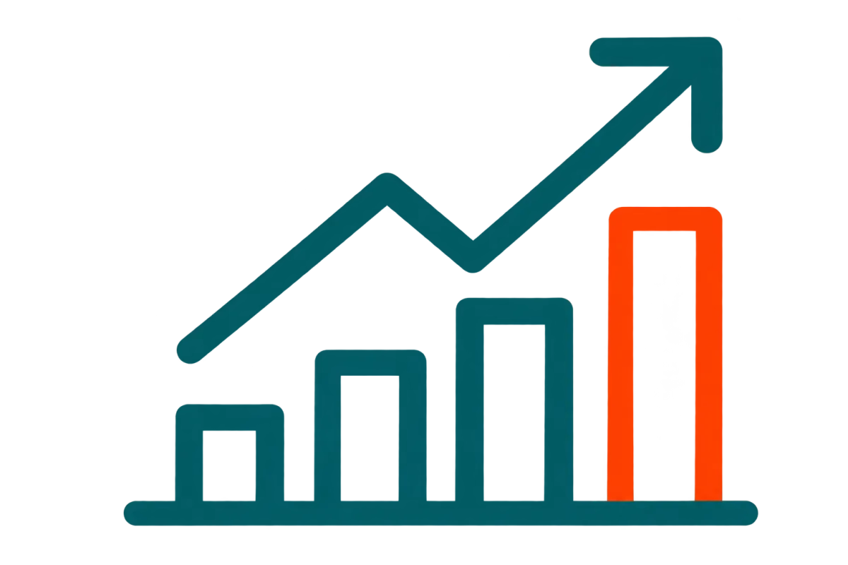 Icon of an upward trending bar graph with an arrow