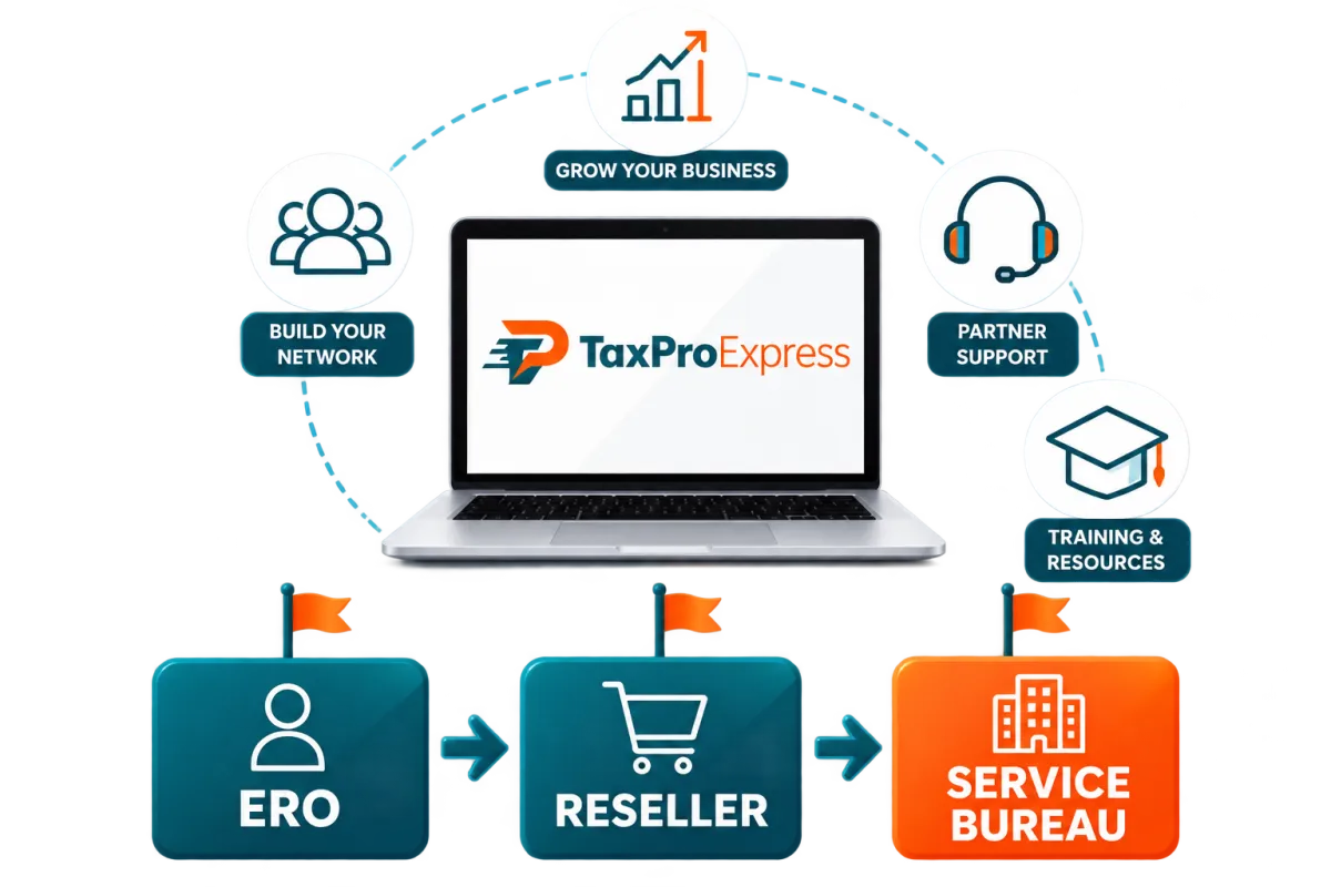 Open laptop displaying the TaxPro Express logo on screen, surrounded by 4 circular outline icons connected by dashed lines, and a 3-step flowchart below showing ERO to Reseller to Service Bureau.