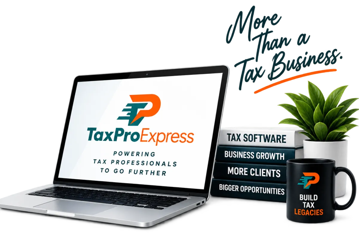 Laptop showing the TaxPro Express logo, sitting next to a stack of books titled TAX SOFTWARE, BUSINESS GROWTH, MORE CLIENTS, BIGGER OPPORTUNITIES, and a black mug with the brand logo.