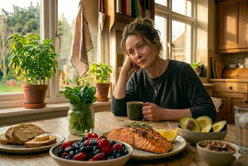 Woman experiencing fatigue while supporting gut health with nutrient-dense foods and functional nutrition.